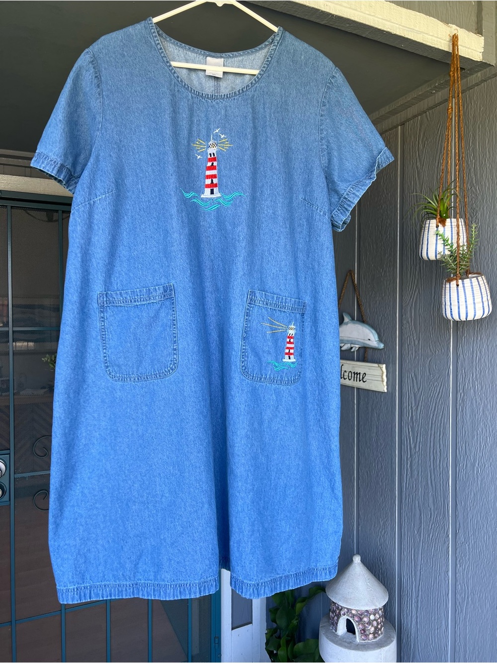 BLAIR dress 2x chambray denim sundress costal lighthouse embroidered lightweight
